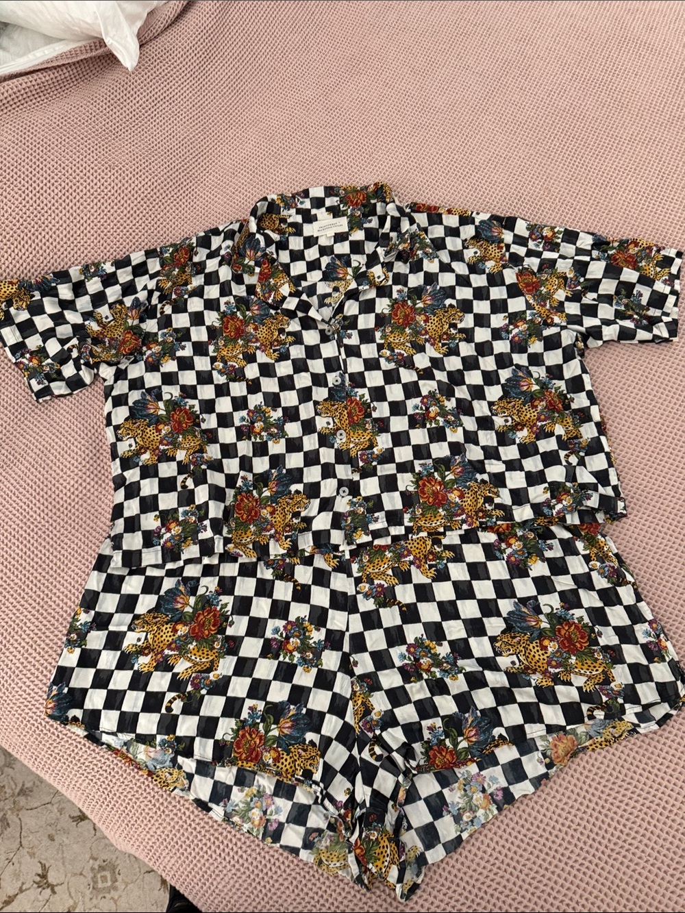 Printfresh Black & White Checkerboard Floral Leopard Pajama Set